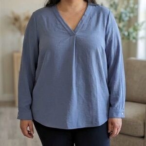 Dalia Slate Blue Pleated V-Neck Blouse Flowy Crepe Top Lightweight Boho Chic